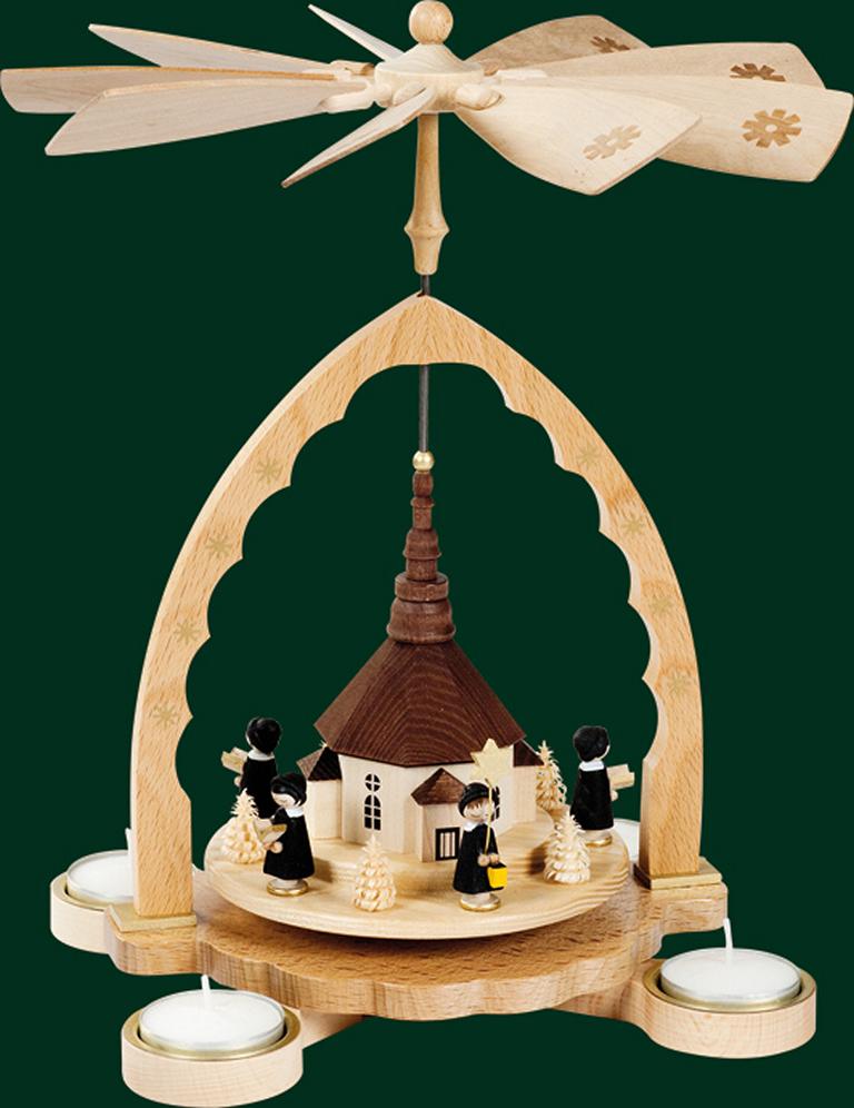Pyramide Seiffener Kirche mit Kurrende, für Teelichte 27 cm Pyramide Seiffener Kirche mit Kurrende, für Teelichte 27 cm