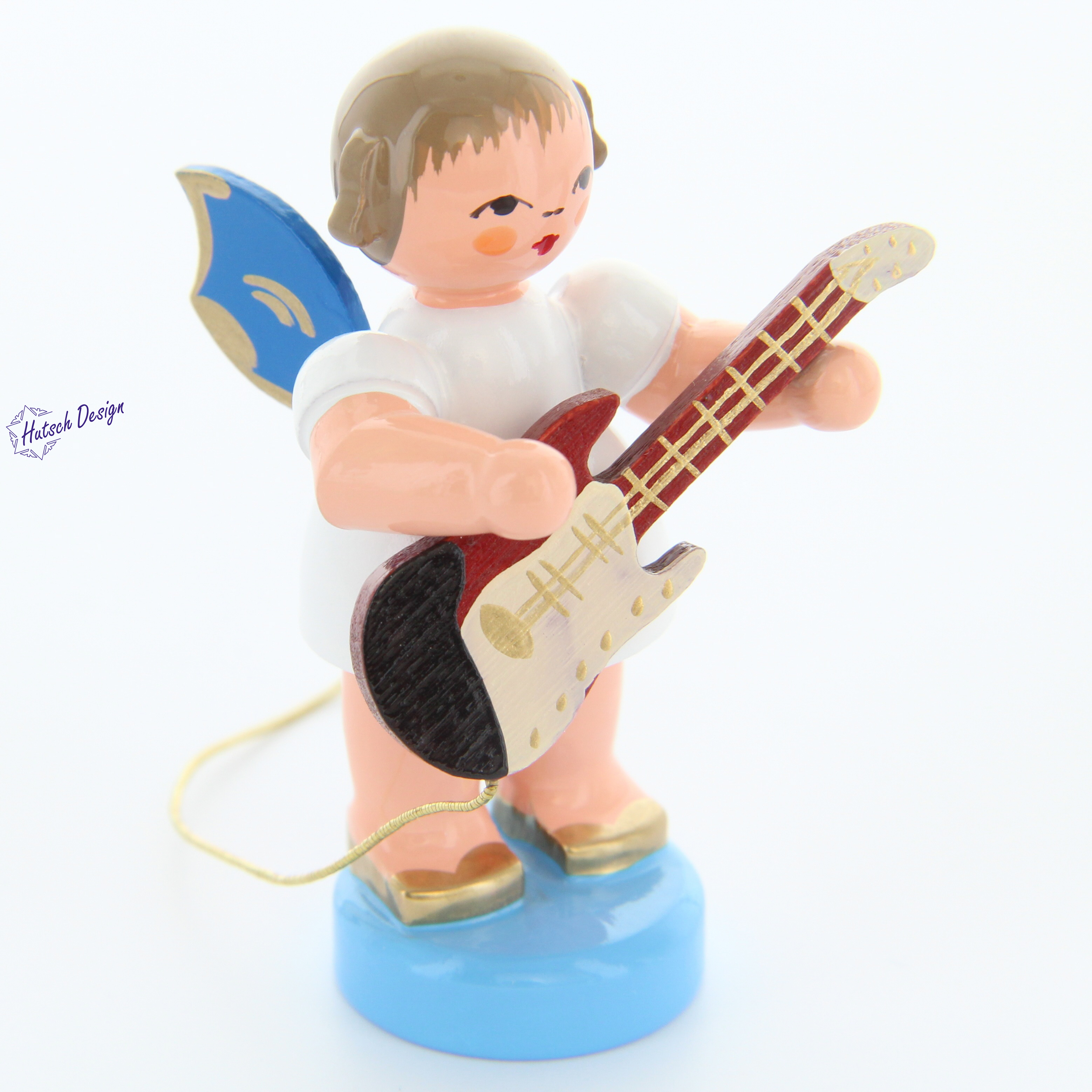 Engel stehend mit E-Gitarre, blaue Flügel