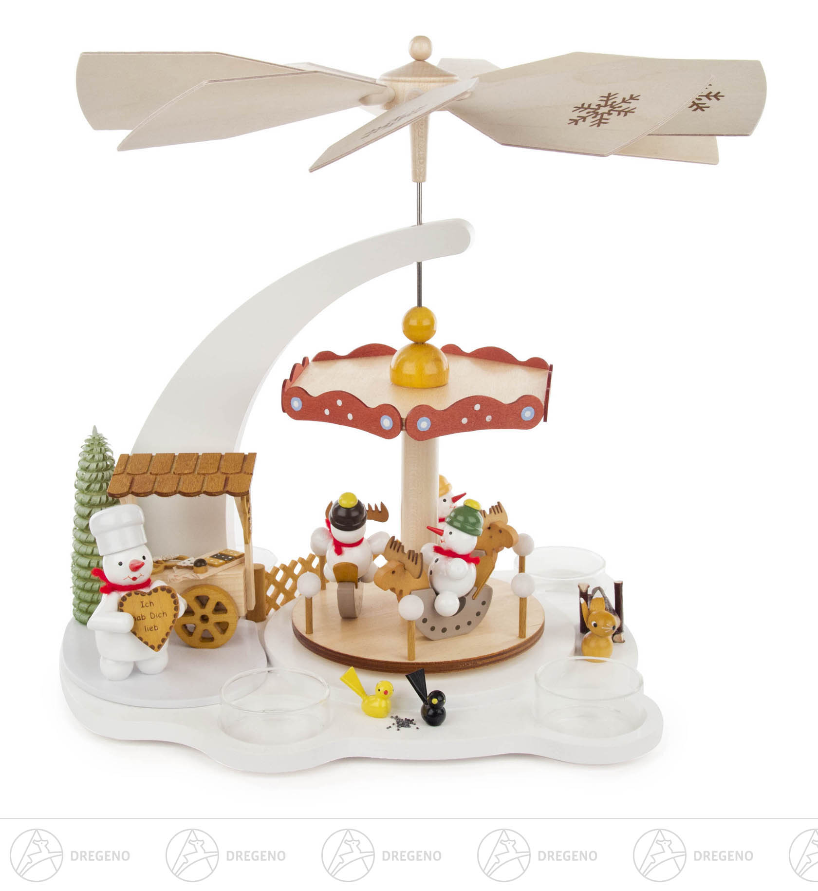 Pyramide weiß Schneemann-Karussell, für Teelichte -exklusiv-