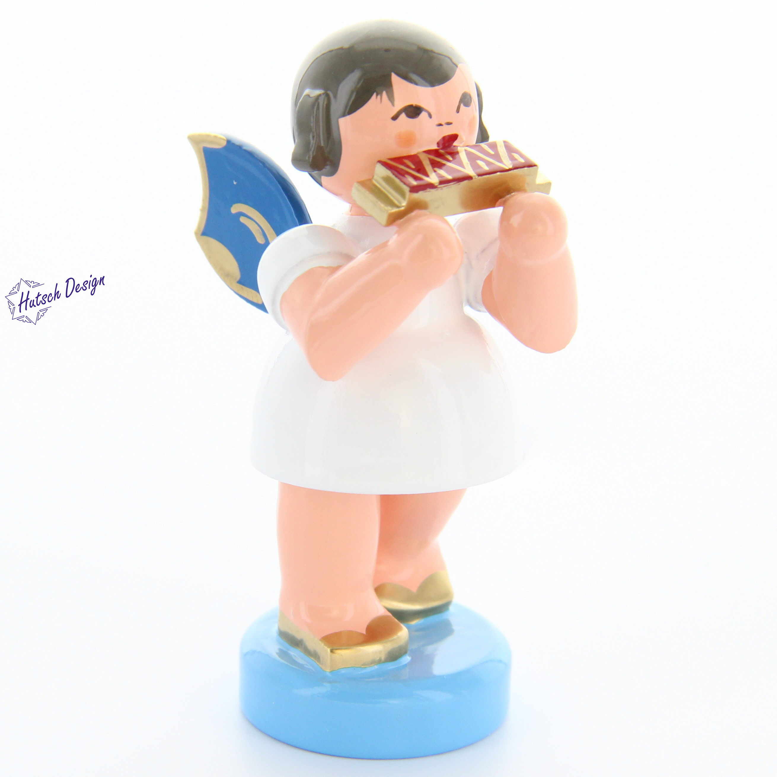 Engel stehend mit Mundharmonika, blaue Flügel