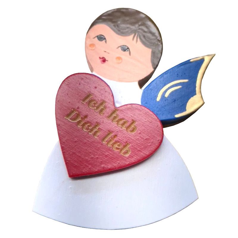 Magnetpin Engel mit Herz, Flügel blau, lasiert und handbemalt, Text: Ich hab Dich lieb