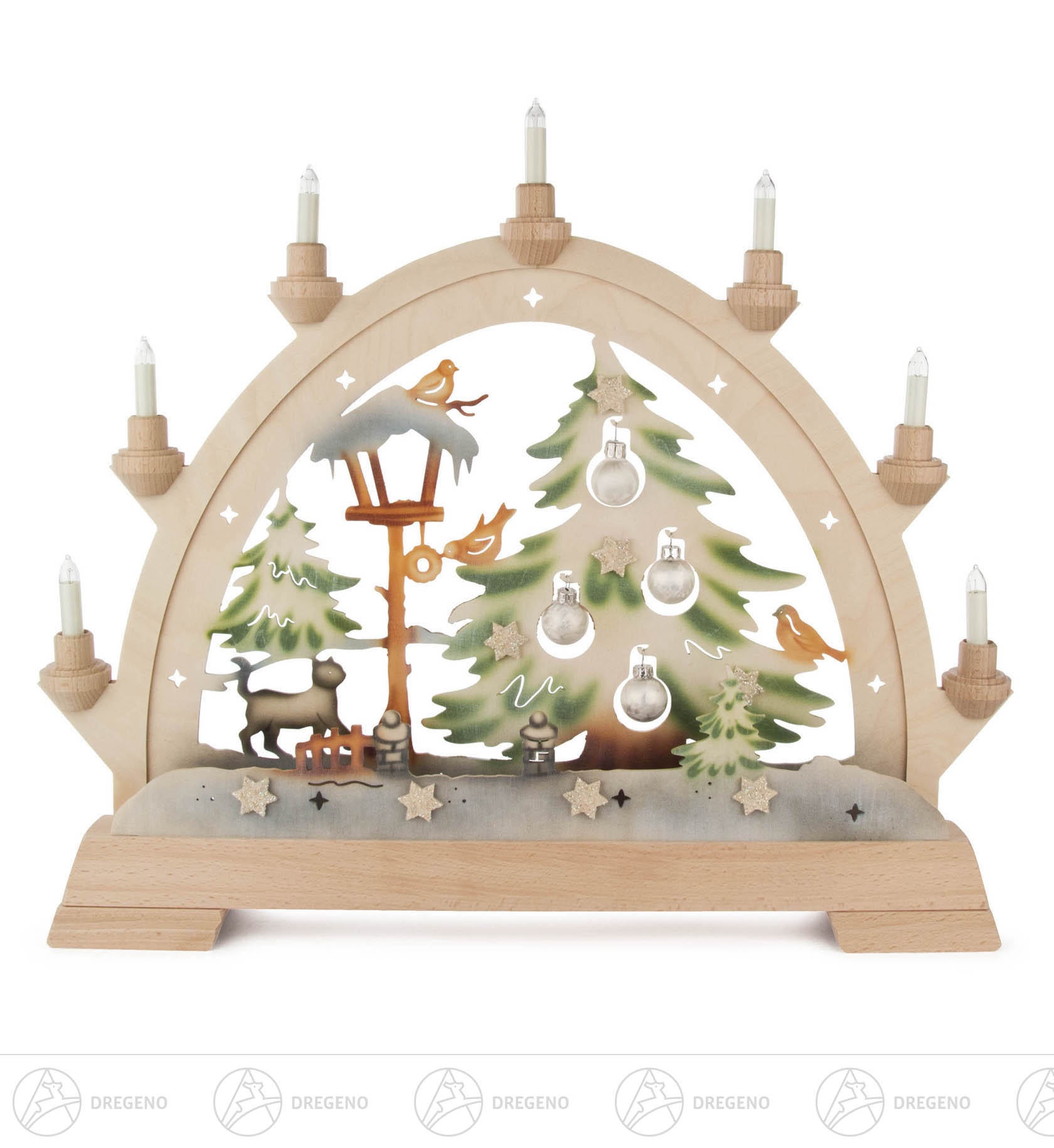 Rundbogen mit Katze und Kugeln, farbig elektr.Beleuchtung / LED Band 37x48cm