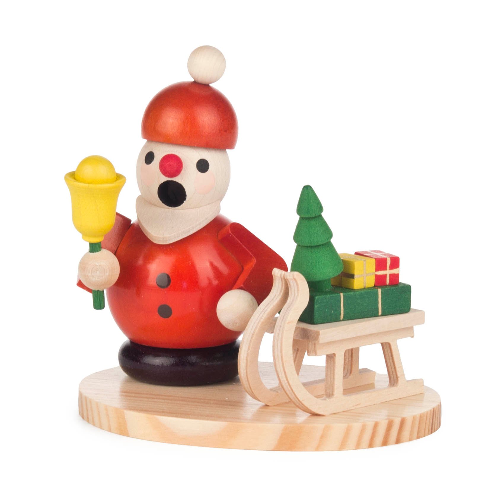 Mini-Räuchermann Weihnachtsmann mit Schlitten auf Sockel