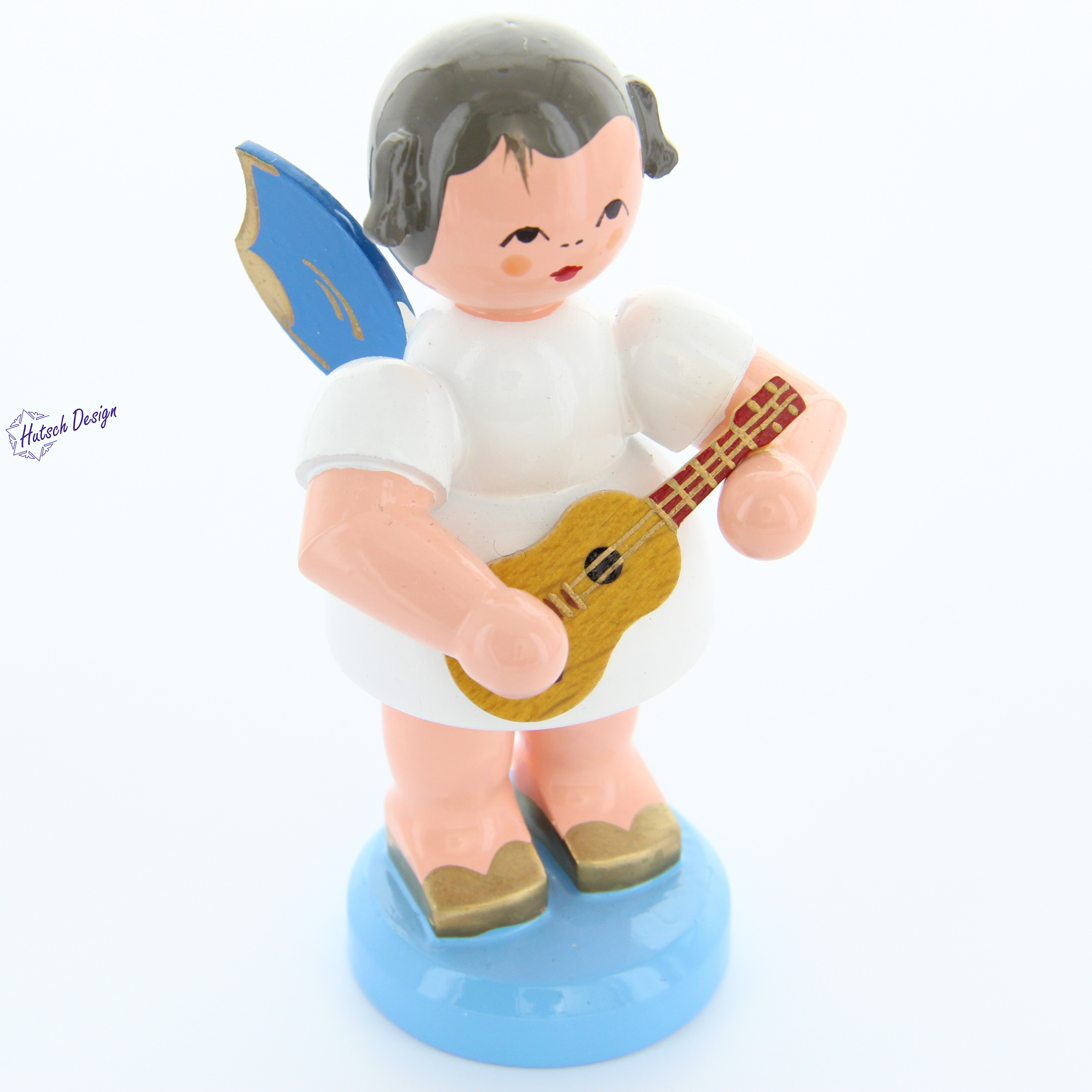 Engel stehend groß mit Ukulele, blaue Flügel
