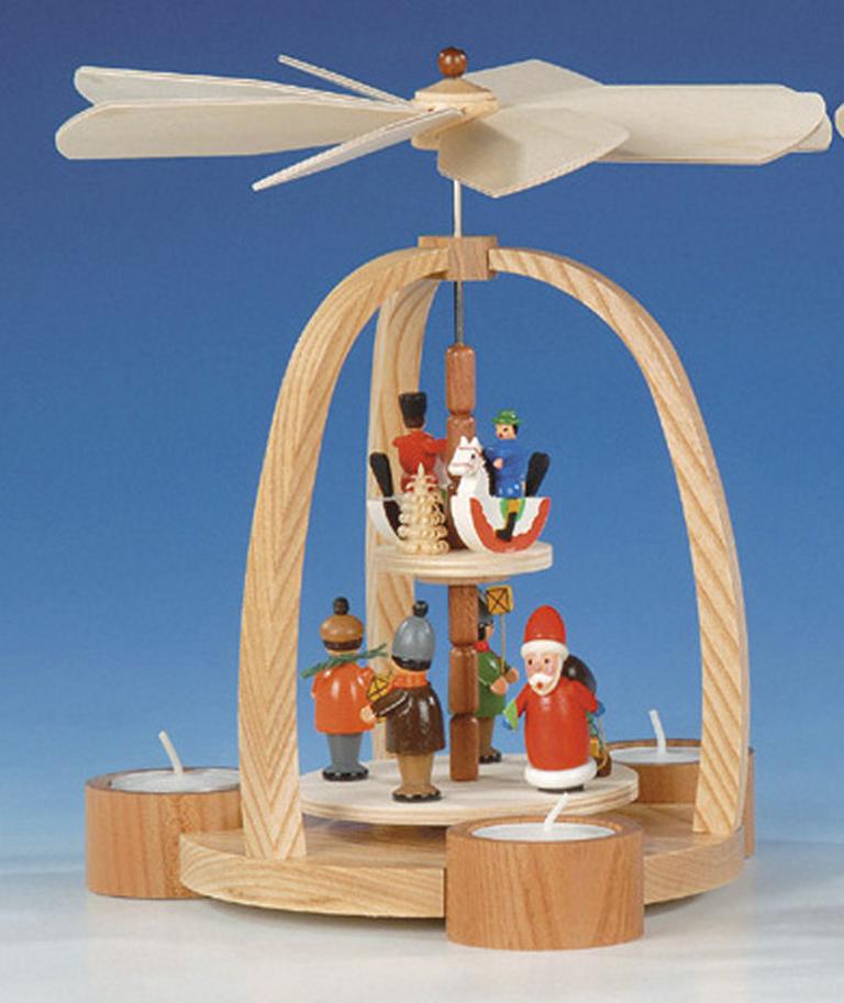 Teelichtpyramide mit Weihnachtsmann und Reiterlein  Bunt H 24 cm