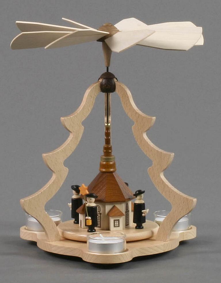 Pyramide mit Seiffener Kirche und Kurrende, für Teelichte